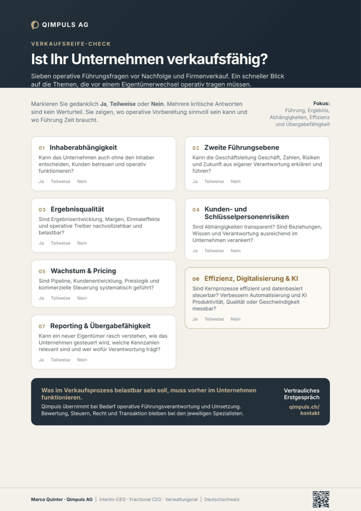 Vorschau des Verkaufsreife-Checks: sieben operative Führungsfragen vor Nachfolge und Firmenverkauf auf einer A4-Seite